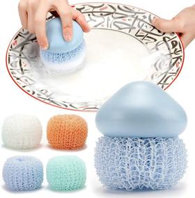 img 4 attached to YLOKO Dish Scrubber Sponges - Reusable and Sturdy Mesh Scourers for Household and Kitchen Cleaning, Pack of 5 Nylon Ball Sponge Scrubbers with 1 Replaceable Plastic Handle