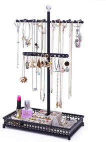 img 4 attached to 💍 3-in-1 Necklace Bracelet Earrings Ring Tray Jewelry Stand Organizer Hanger Metal - Black, by Meangood
