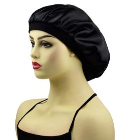 img 2 attached to 🌙 Satin Bonnet Sleep Cap for Women & Girls, Wide-Band Night Sleeping Caps for Curly Hair in Black & Black Floral Prints