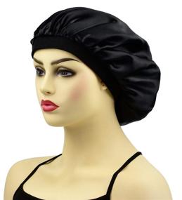 img 3 attached to 🌙 Satin Bonnet Sleep Cap for Women & Girls, Wide-Band Night Sleeping Caps for Curly Hair in Black & Black Floral Prints