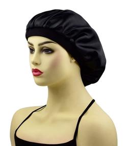 img 1 attached to 🌙 Satin Bonnet Sleep Cap for Women & Girls, Wide-Band Night Sleeping Caps for Curly Hair in Black & Black Floral Prints