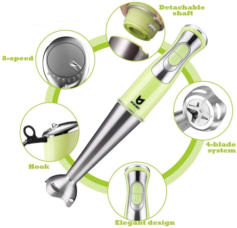  Immersion Hand Blender, Utalent 5-in-1 8-Speed Stick Blender  with 500ml Food Grinder, BPA-Free, 600ml Container, Milk Frother, Egg  Whisk, Puree Infant Food, Smoothies, Sauces and Soups - Green