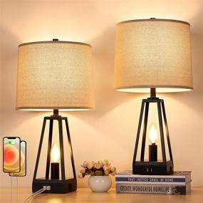 img 2 attached to 🌙 2 Table Lamps with USB Ports - Modern Nightstand Lamp Set with Fabric Lampshade & LED Bulbs for Bedrooms and Living Room