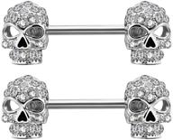 💀 set of 2 nipple rings - 14g surgical steel barbell with clear cz skull design for nipple piercing logo