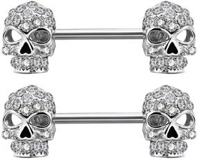 img 4 attached to 💀 Set of 2 Nipple Rings - 14G Surgical Steel Barbell with Clear CZ Skull Design for Nipple Piercing