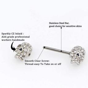 img 1 attached to 💀 Set of 2 Nipple Rings - 14G Surgical Steel Barbell with Clear CZ Skull Design for Nipple Piercing