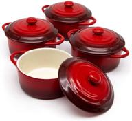 🍲 kook 12oz mini cocotte casserole dish set of 4 - ceramic with easy-lift lid, crimson red logo