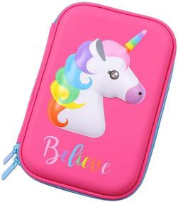 img 4 attached to Cute Unicorn Embossed Hardtop Pencil Case - Kids Large Colored Pen Holder Box With Compartments - Girls Cosmetic Pouch Bag Stationery Organizer (Hot Pink)