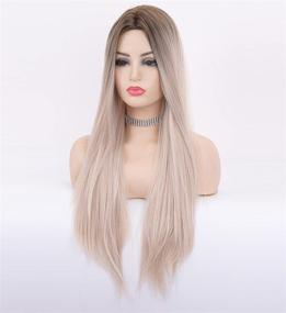 img 2 attached to 👩 LANOVA 22 inch Realistic Looking Long Synthetic Wigs with Brown Roots Ombre Ash Blonde for Afros - Straight Mixed Blonde Hair Wig with Middle Part (LANOVA-103-22)