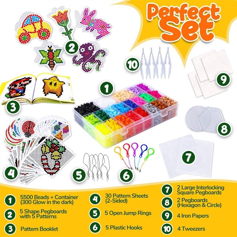 5500 Beads - Fuse Bead Kit - Includes 5,500 Beads in 24 Colors, 4 Pegboards, 1 Tweezer, 2 Ironing Papers - Compatible with Perler Beads