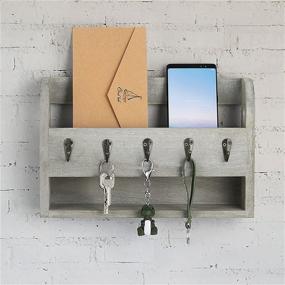 img 4 attached to 🔑 Rustic Brown Wooden Wall Mounted Key and Mail Holder with 5 Hooks and Additional Storage Shelf - Decorative Mail Sorter