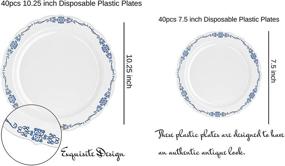 img 2 attached to Набор из 80 пластиковых тарелок для вечеринок - 40 больших тарелок для ужина диаметром 10,25 дюйма - 40 маленьких тарелок для салата/десерта диаметром 7,5 дюйма - Прочные одноразовые изделия из китайского фарфора - Элегантный дизайн викторианской кейтеринговой компании - Дополнительно безопасная пластмасса (белая/темно-синяя)