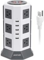 surge protector power strip tower, jackyled 12 ac outlets, 3000w 15a with 5 usb slots, 8a desktop smart charging station, multiple protection, heavy duty 6.5ft 14 awg cord, white and gray logo