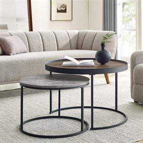 img 4 attached to 🪵 Modern Industrial Wood Round Coffee Nesting Tables with Ottoman Storage Shelf - Rustic Oak Finish