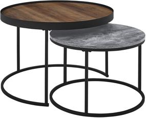 img 2 attached to 🪵 Modern Industrial Wood Round Coffee Nesting Tables with Ottoman Storage Shelf - Rustic Oak Finish