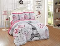 full size paris eiffel tower hearts flowers comforter and sheet set for girls/teens, in white, pink, and black, pink/white design - brand new logo