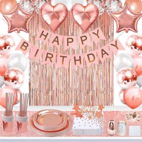 img 1 attached to 🎉 JSN PARTY Rose Gold Birthday Party Decorations Set: Banner, Curtains, Table Runner, Balloons, Plates, Cups, Tissue - Perfect for Girls/Women's Celebrations!