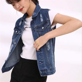 img 1 attached to 👚 Fashionable Flygo Women's Plus Size Sleeveless Jean Jacket with Buttoned Distressed Washed Denim & Chest Flap Pockets