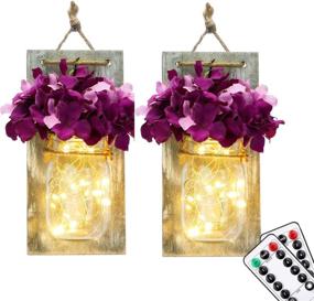 img 4 attached to 🌸 Rustic Bedroom Wall Decor - Set of 2 Mason Jar Wall Lights with Remote Control, Purple Flower, LIGHTESS - Hanging Battery Powered Jar Sconces with LED Fairy Lights for Farmhouse Decor, SYA11