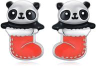 🐼 sterling silver panda earrings for girls and women - christmas socks panda stud jewelry - festive panda earrings for christmas logo