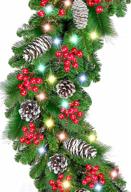 🎄 9ft x 10in christmas garland with 100 led lights, timer & 8 modes | battery operated lighted garland wreath pine cones red berries | prelit garland xmas decoration for indoor/outdoor home holiday (colorful) логотип