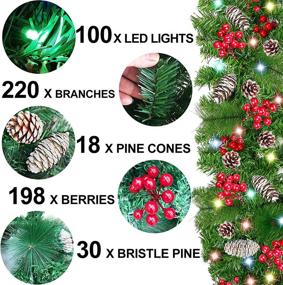 img 3 attached to 🎄 9ft x 10in Christmas Garland with 100 LED Lights, Timer & 8 Modes | Battery Operated Lighted Garland Wreath Pine Cones Red Berries | Prelit Garland Xmas Decoration for Indoor/Outdoor Home Holiday (Colorful)