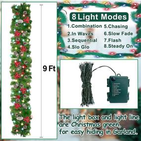 img 2 attached to 🎄 9ft x 10in Christmas Garland with 100 LED Lights, Timer & 8 Modes | Battery Operated Lighted Garland Wreath Pine Cones Red Berries | Prelit Garland Xmas Decoration for Indoor/Outdoor Home Holiday (Colorful)