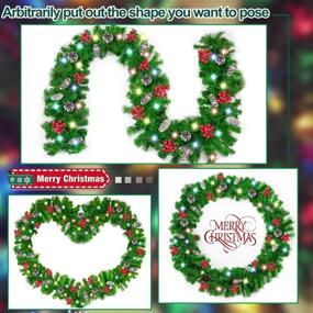 img 1 attached to 🎄 9ft x 10in Christmas Garland with 100 LED Lights, Timer & 8 Modes | Battery Operated Lighted Garland Wreath Pine Cones Red Berries | Prelit Garland Xmas Decoration for Indoor/Outdoor Home Holiday (Colorful)