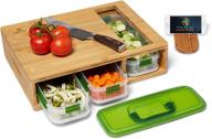 🎋 bamboo cutting board and drawers set - 3 stackable food storage containers with air-tight lids, large chopping board featuring juice grooves and food sliding opening for convenient meal prep and kitchen organization logo