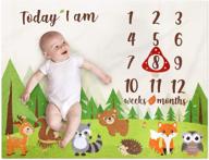 🌿 woodland animals monthly growth tracker: soft plush fleece blanket for newborn baby boy/girl, nursery bedding, photography background, felt frame props logo