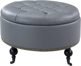 img 2 attached to Iconic Home Mona: Modern Tufted Grey Faux 🪑 Leather Round Ottoman with Gold Nail Head Trim & Storage