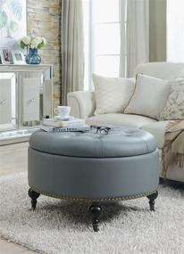 img 4 attached to Iconic Home Mona: Modern Tufted Grey Faux 🪑 Leather Round Ottoman with Gold Nail Head Trim & Storage