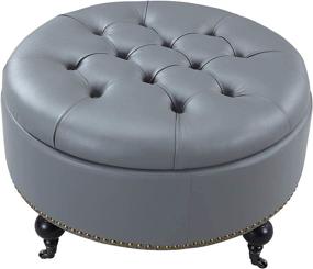 img 1 attached to Iconic Home Mona: Modern Tufted Grey Faux 🪑 Leather Round Ottoman with Gold Nail Head Trim & Storage