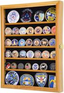 premium 56 challenge coin display case cabinet - adjustable shelves - fits larger coins - 98% uv protection (oak finish) logo