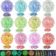 12-color glow in the dark nail glitter: luminous, holographic chunky glitter for 🌟 crafts, party decorations, weddings, cards, flowers, scrapbooking, body, face, nails, and glitter slime making. logo