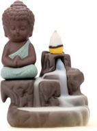 🍵 green ceramics incense burner: backflow smoke waterfall holder with buddha little monk tower and 20 cones логотип