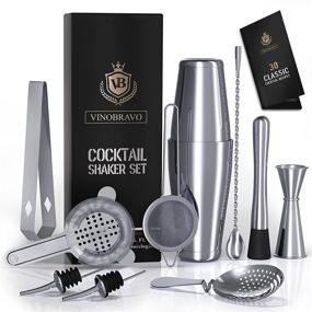 img 4 attached to 🍸 VinoBravo 11-Piece Bartender Kit: Boston Cocktail Shaker Bar Set with Weighted Shaker Tins, Strainer Set, Jigger, Bar Spoon, Muddler, Tong, Pourers & Recipe Guide (Silver)