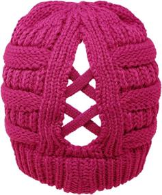 img 3 attached to CC Criss Cross Ponytail Messy Buns Knit Beanie Hat - Stretchy Winter Cap