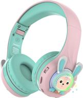 riwbox rb-7s rabbit kids headphones wireless, led light up bluetooth over ear headset volume limited safe 75db/85db/95db with mic and tf-card, children headphones for girls boys in pink and green logo