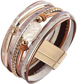 img 3 attached to 🌸 AZORA Womens Leather Cuff Bracelet with Baroque Pearl Wrap - Handmade Bohemian Gold Tube Bangle Wristband for Women, Teens, Mothers