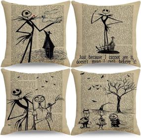 img 4 attached to 🎃 QIQIANY Set of 4 Vintage Halloween Decorative Throw Pillow Covers - 18x18 Inch Square Linen - Newspaper Background - Nightmare Before Christmas Decor - Sofa, Bed, Car, Chair, Living Room