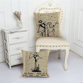 img 1 attached to 🎃 QIQIANY Set of 4 Vintage Halloween Decorative Throw Pillow Covers - 18x18 Inch Square Linen - Newspaper Background - Nightmare Before Christmas Decor - Sofa, Bed, Car, Chair, Living Room