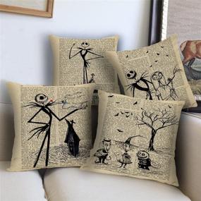 img 3 attached to 🎃 QIQIANY Set of 4 Vintage Halloween Decorative Throw Pillow Covers - 18x18 Inch Square Linen - Newspaper Background - Nightmare Before Christmas Decor - Sofa, Bed, Car, Chair, Living Room