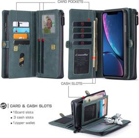 img 2 attached to 📱 CaseMe iPhone XR Wallet Case | Durable Handmade PU Leather 2-in-1 Detachable Magnetic Flip Phone Case | 15 Card Holder Slots & Zipper Pouch | Women Men | 6.1 inch | Blue-Green