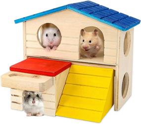 img 4 attached to 🏡 BWOGUE Pet Small Animal Hideout Hamster House: Deluxe Two Layers Wooden Hut for Play, Toys, and Chews