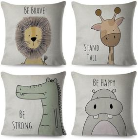 img 4 attached to 🐻 DUILE Cartoon Animal Pillow Covers: 18×18 Inch Set of 4 Kids Pillowcase in Cotton Throw Cushion Case – Perfect for Sofa Couch, Home Decor, School Cushions (Hippo, Giraffe, Lion, Crocodile)