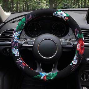 img 3 attached to 🌺 Автомобильное сиденье Hawaii Style Binsheo Auto Car Steering Wheel Cover - привлекательный цветочный дизайн для женщин, девушек и леди - универсальный размер 15 дюймов и материал из хлопка, устойчивого к скольжению (черный)