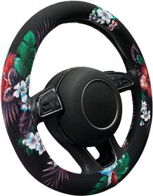 img 4 attached to 🌺 Автомобильное сиденье Hawaii Style Binsheo Auto Car Steering Wheel Cover - привлекательный цветочный дизайн для женщин, девушек и леди - универсальный размер 15 дюймов и материал из хлопка, устойчивого к скольжению (черный)