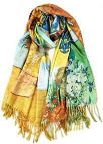 img 4 attached to 🎨 Plum Feathers Reversible Art Shawl Scarf - Van Gogh Monet Klimt Inspired, Super Soft Cashmere Feel