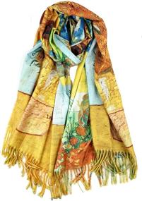 img 3 attached to 🎨 Plum Feathers Reversible Art Shawl Scarf - Van Gogh Monet Klimt Inspired, Super Soft Cashmere Feel